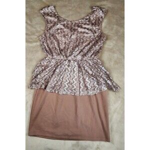 Epilogue Brown Lace Peplum Sleeveless Knee Length Dress Round Neck Size L